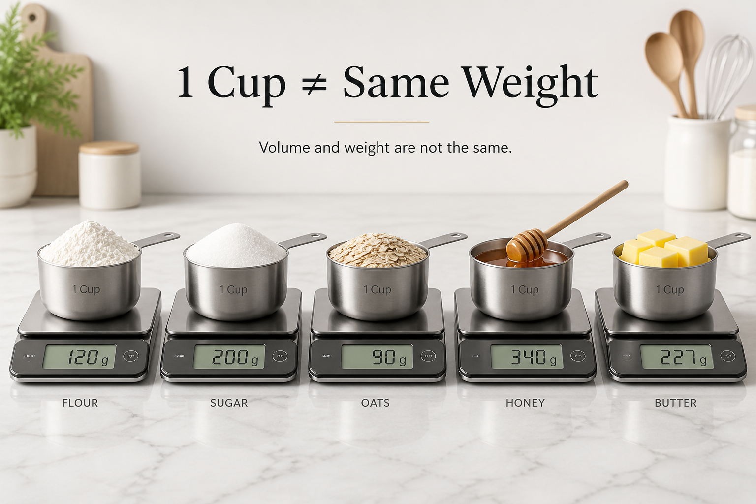 Five measuring cups on digital scales: flour 120g, sugar 200g, oats 90g, honey 340g, butter 227g